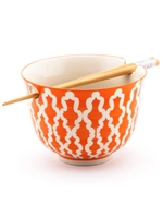 Red White Patterned Rice Bowl with Chopsticks