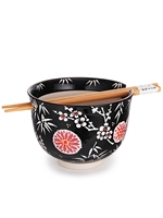 Pink Cherry Blossoms Black Bowl with Chopsticks