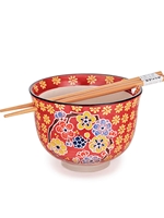 Red Yellow Flowers Rice Bowl with Chopsticks