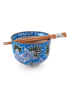 Bright Blue Flowers Rice Bowl with Chopsticks