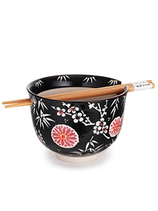 Pink Cherry Blossoms Black Bowl with Chopsticks