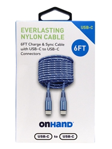 OnHand Everlasting Nylon Charge and Sync Cable - Blue 6ft USB-C to USB-C